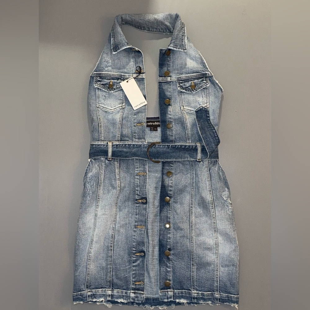 NEW W/ TAGS RETROFÊTE TAMAR DRESS IN CRESCENT 
DENIM HALTER TOP DRESS W POCKETS - Picture 4 of 8